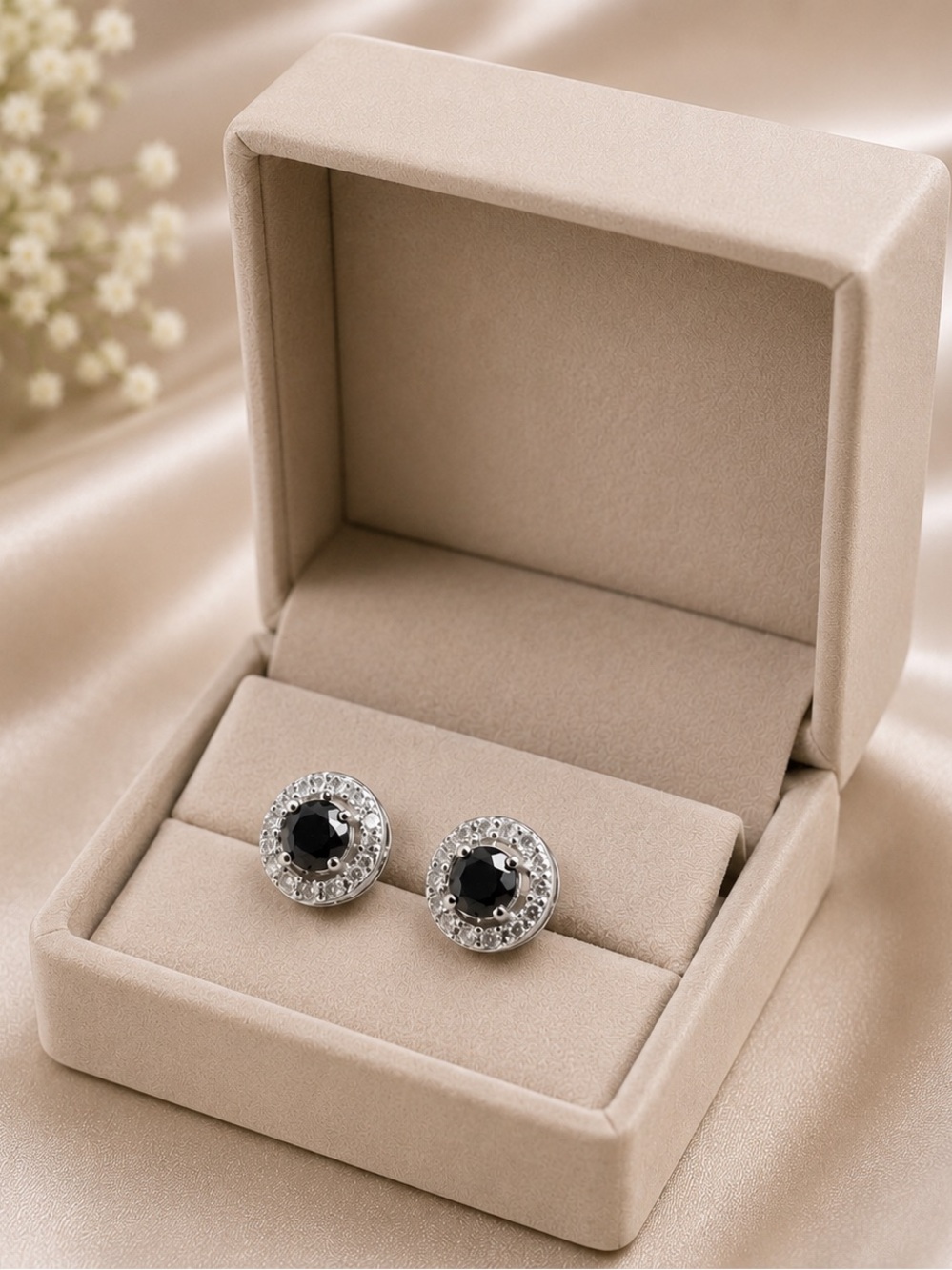 ✨ Black Moissanite & White Diamond Stud Earrings in 10K White Gold ✨